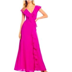 NWT Belle Badgely Mischka Jessica Gown Dress, Hot Pink, Fuchsia, Ruffled, Size 0